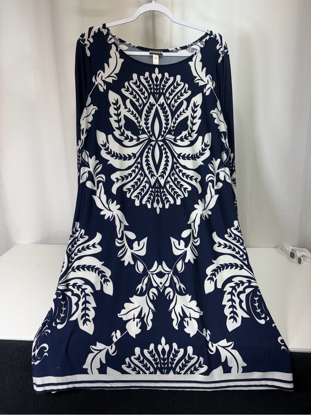 Haani Navy and White Long Sleeve Swing Dress with Bold Medallion Print 4141